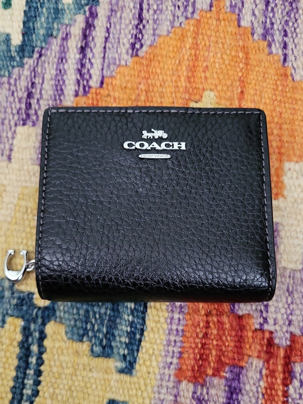 Coach Pebble Leather Snap Wallet - Black w/Silver Hardware